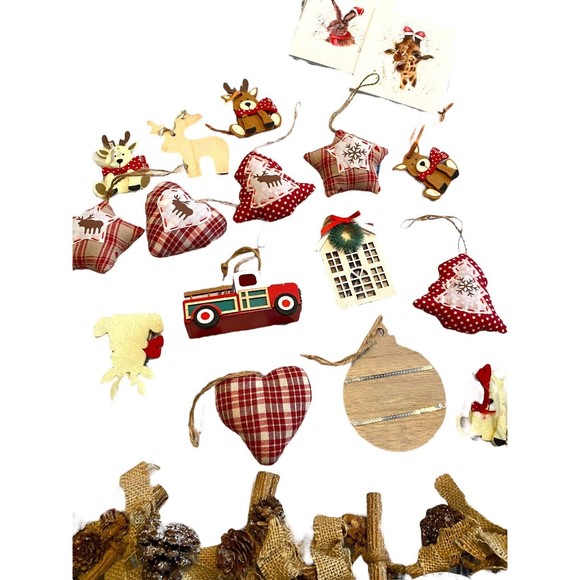 Rustic Primal Farmhouse Christmas Tree Ornaments Garland Cards Set 25 Piece - Picture 9 of 10